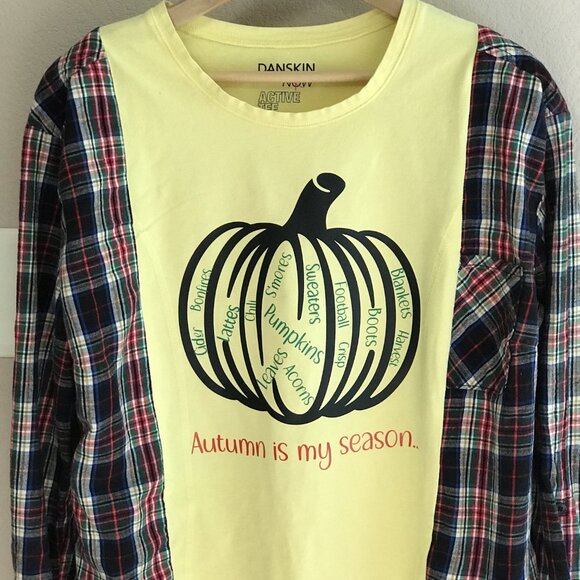 Flannel Tee Upcycle, Autumn Pumpkin Graphic, Size S-M: Oversized Long-Sleeved - Picture 8 of 12